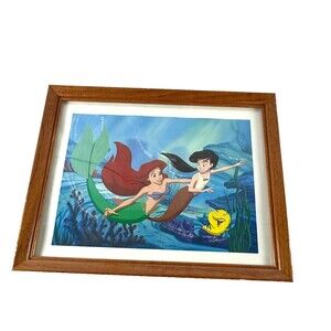 Disney Lithograph Print The Little Mermaid Ariel Brown Wood Frame
